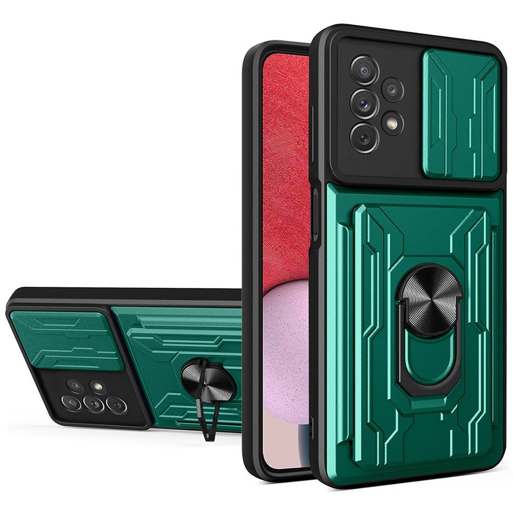 Slide Camera Protection Phone Case for Samsung Galaxy A13 4G, Ring Kickstand PC + TPU Hybrid Cover