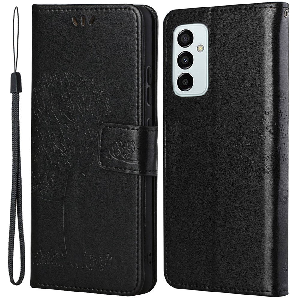 For Samsung Galaxy M23 5G/F23 5G PU Leather Imprinted Owl Tree Pattern Case Folding Stand Wallet Flip Cover with Strap