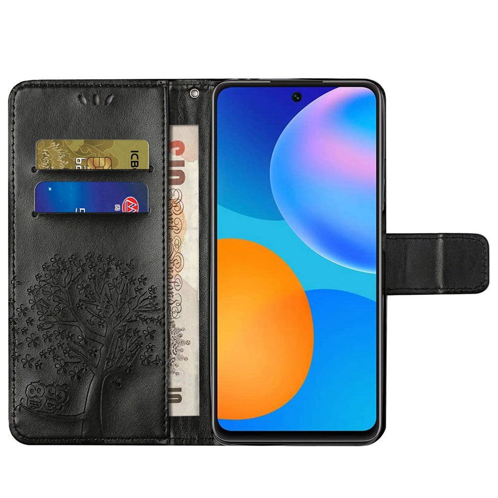 For Samsung Galaxy M23 5G/F23 5G PU Leather Imprinted Owl Tree Pattern Case Folding Stand Wallet Flip Cover with Strap