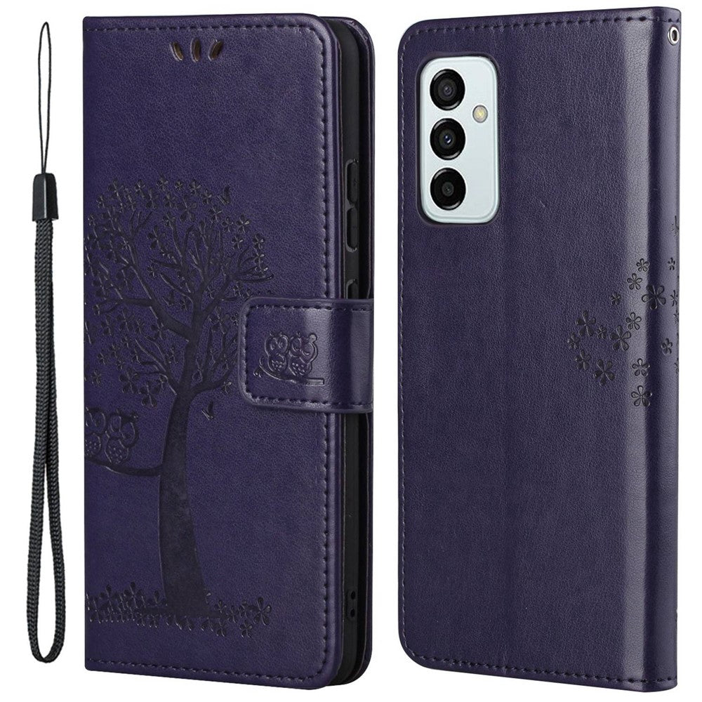For Samsung Galaxy M23 5G/F23 5G PU Leather Imprinted Owl Tree Pattern Case Folding Stand Wallet Flip Cover with Strap