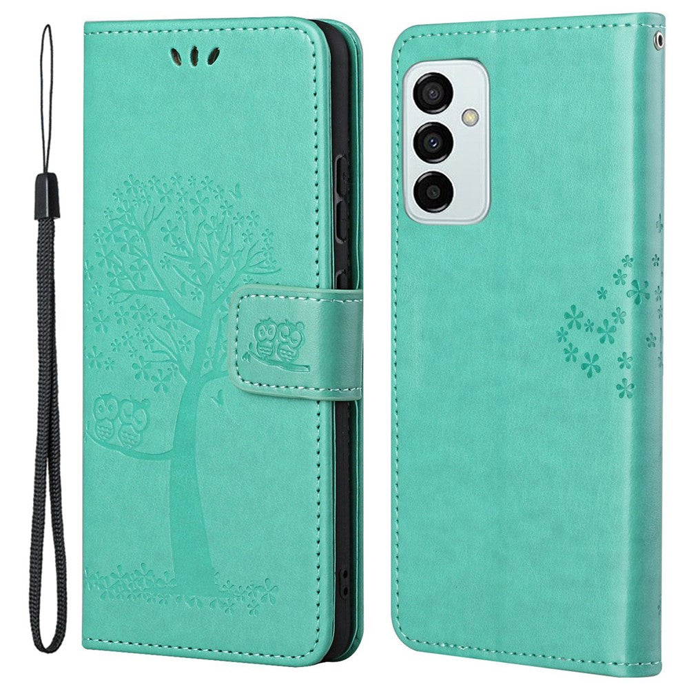 For Samsung Galaxy M23 5G/F23 5G PU Leather Imprinted Owl Tree Pattern Case Folding Stand Wallet Flip Cover with Strap