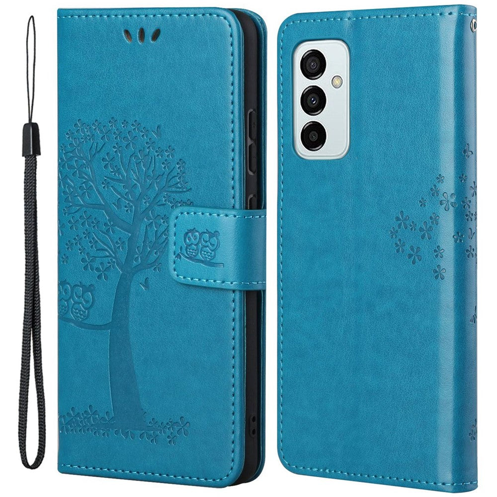 For Samsung Galaxy M23 5G/F23 5G PU Leather Imprinted Owl Tree Pattern Case Folding Stand Wallet Flip Cover with Strap