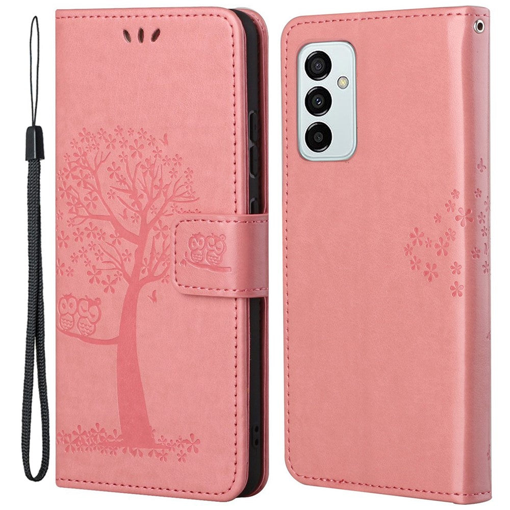 For Samsung Galaxy M23 5G/F23 5G PU Leather Imprinted Owl Tree Pattern Case Folding Stand Wallet Flip Cover with Strap
