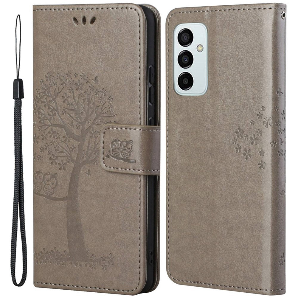 For Samsung Galaxy M23 5G/F23 5G PU Leather Imprinted Owl Tree Pattern Case Folding Stand Wallet Flip Cover with Strap