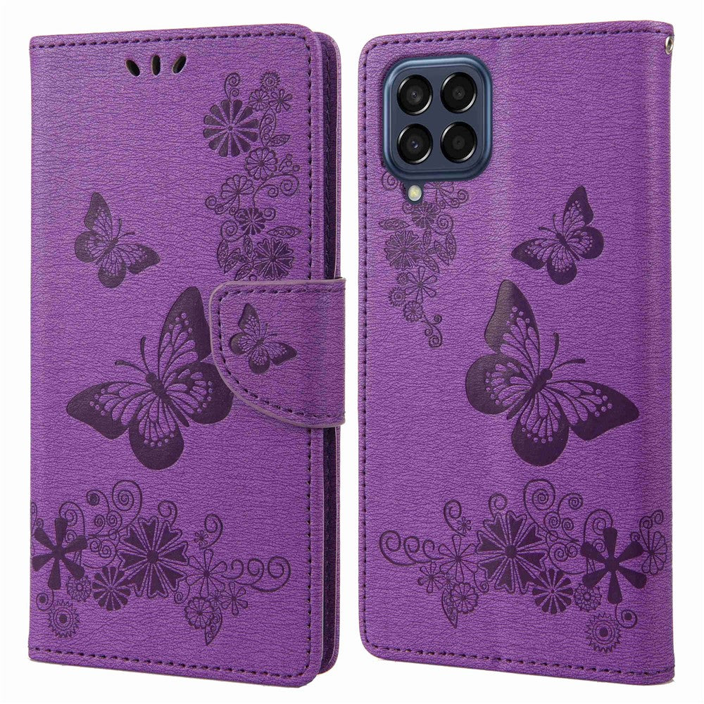 Til Samsung Galaxy M53 5G Pung Etui, Sommerfugl Blomst Præget PU Læder Stativ Flip Beskyttelsescover med Håndrem