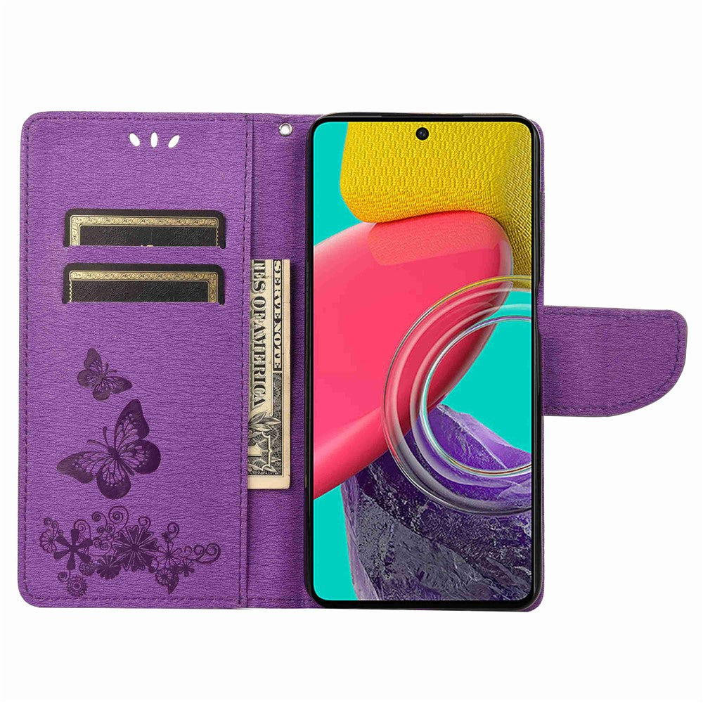 Til Samsung Galaxy M53 5G Pung Etui, Sommerfugl Blomst Præget PU Læder Stativ Flip Beskyttelsescover med Håndrem