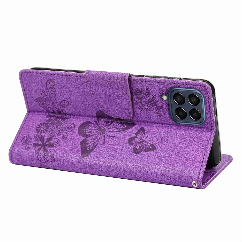 Til Samsung Galaxy M53 5G Pung Etui, Sommerfugl Blomst Præget PU Læder Stativ Flip Beskyttelsescover med Håndrem