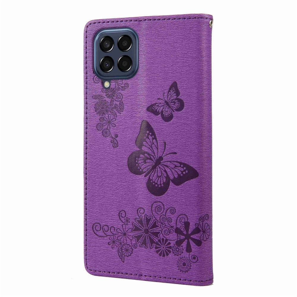 Til Samsung Galaxy M53 5G Pung Etui, Sommerfugl Blomst Præget PU Læder Stativ Flip Beskyttelsescover med Håndrem