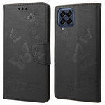 Til Samsung Galaxy M53 5G Pung Etui, Sommerfugl Blomst Præget PU Læder Stativ Flip Beskyttelsescover med Håndrem