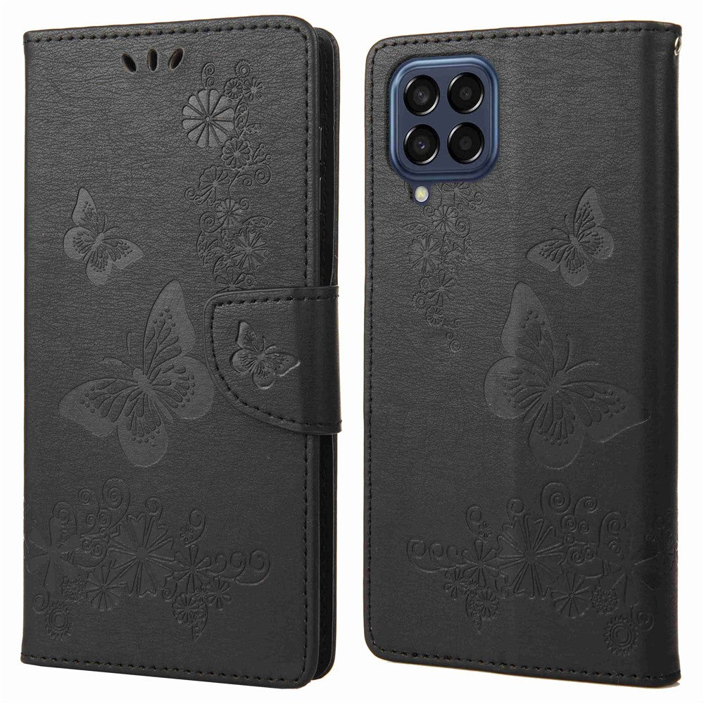 Til Samsung Galaxy M53 5G Pung Etui, Sommerfugl Blomst Præget PU Læder Stativ Flip Beskyttelsescover med Håndrem