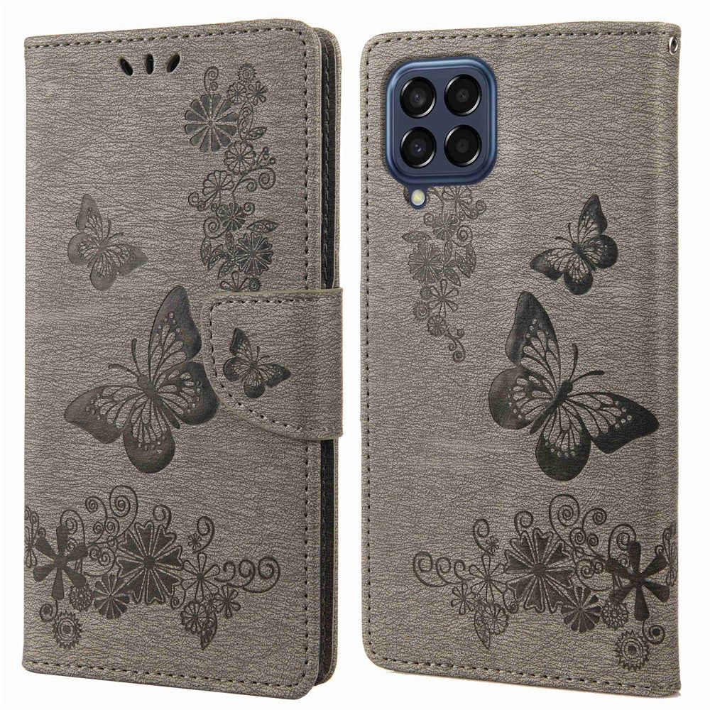 Til Samsung Galaxy M53 5G Pung Etui, Sommerfugl Blomst Præget PU Læder Stativ Flip Beskyttelsescover med Håndrem