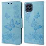 Til Samsung Galaxy M53 5G Pung Etui, Sommerfugl Blomst Præget PU Læder Stativ Flip Beskyttelsescover med Håndrem