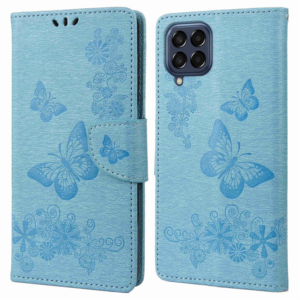 Til Samsung Galaxy M53 5G Pung Etui, Sommerfugl Blomst Præget PU Læder Stativ Flip Beskyttelsescover med Håndrem
