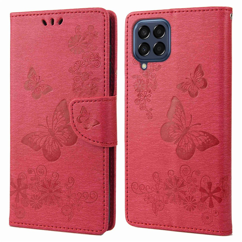 Til Samsung Galaxy M53 5G Pung Etui, Sommerfugl Blomst Præget PU Læder Stativ Flip Beskyttelsescover med Håndrem