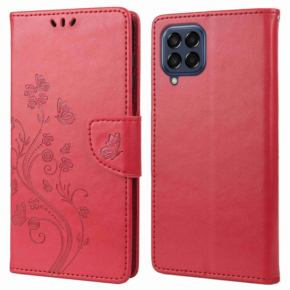 For Samsung Galaxy M53 5G Imprinted Butterflies Flowers PU Leather Flip Case Wallet Style Stand Shockproof Protective Cover with Strap