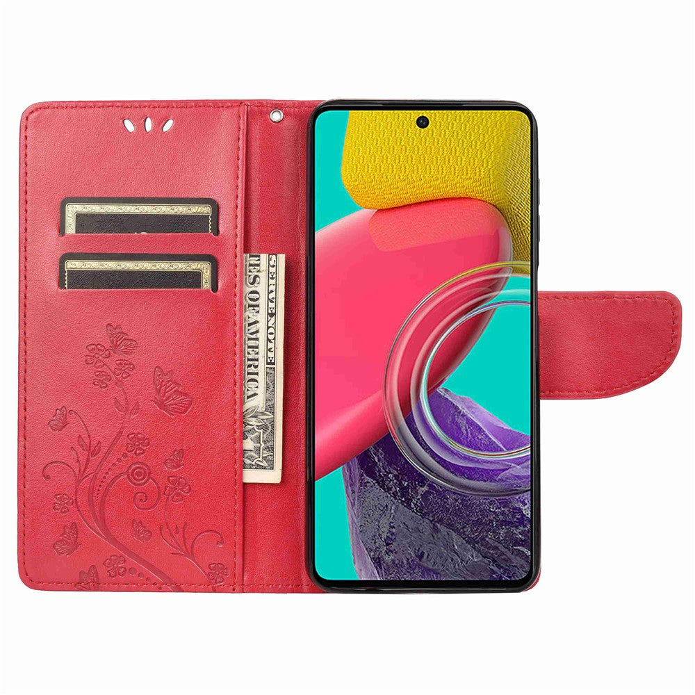 For Samsung Galaxy M53 5G Imprinted Butterflies Flowers PU Leather Flip Case Wallet Style Stand Shockproof Protective Cover with Strap