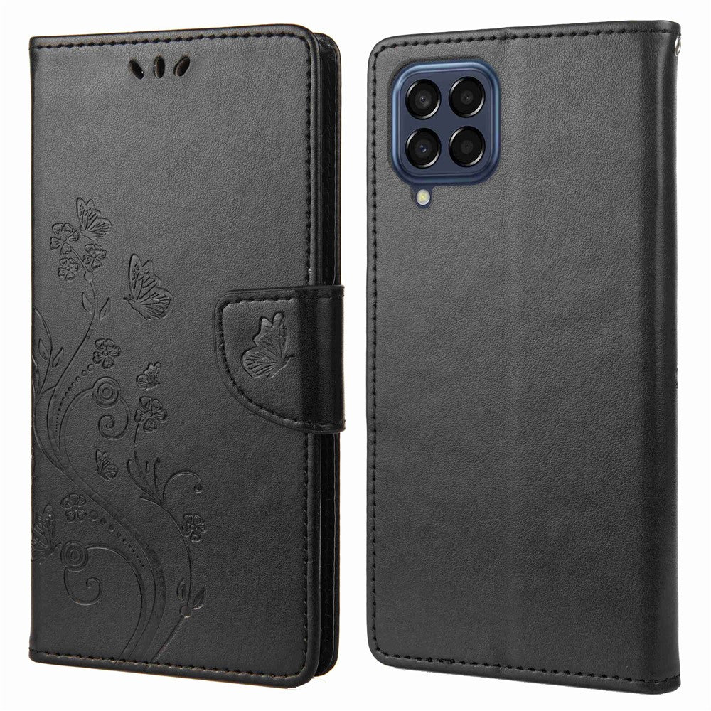 For Samsung Galaxy M53 5G Imprinted Butterflies Flowers PU Leather Flip Case Wallet Style Stand Shockproof Protective Cover with Strap