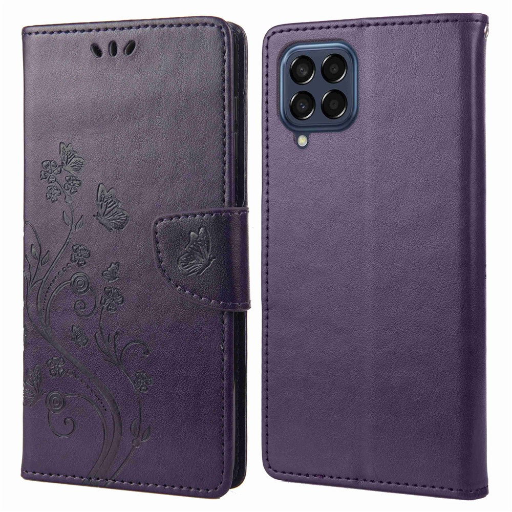 For Samsung Galaxy M53 5G Imprinted Butterflies Flowers PU Leather Flip Case Wallet Style Stand Shockproof Protective Cover with Strap