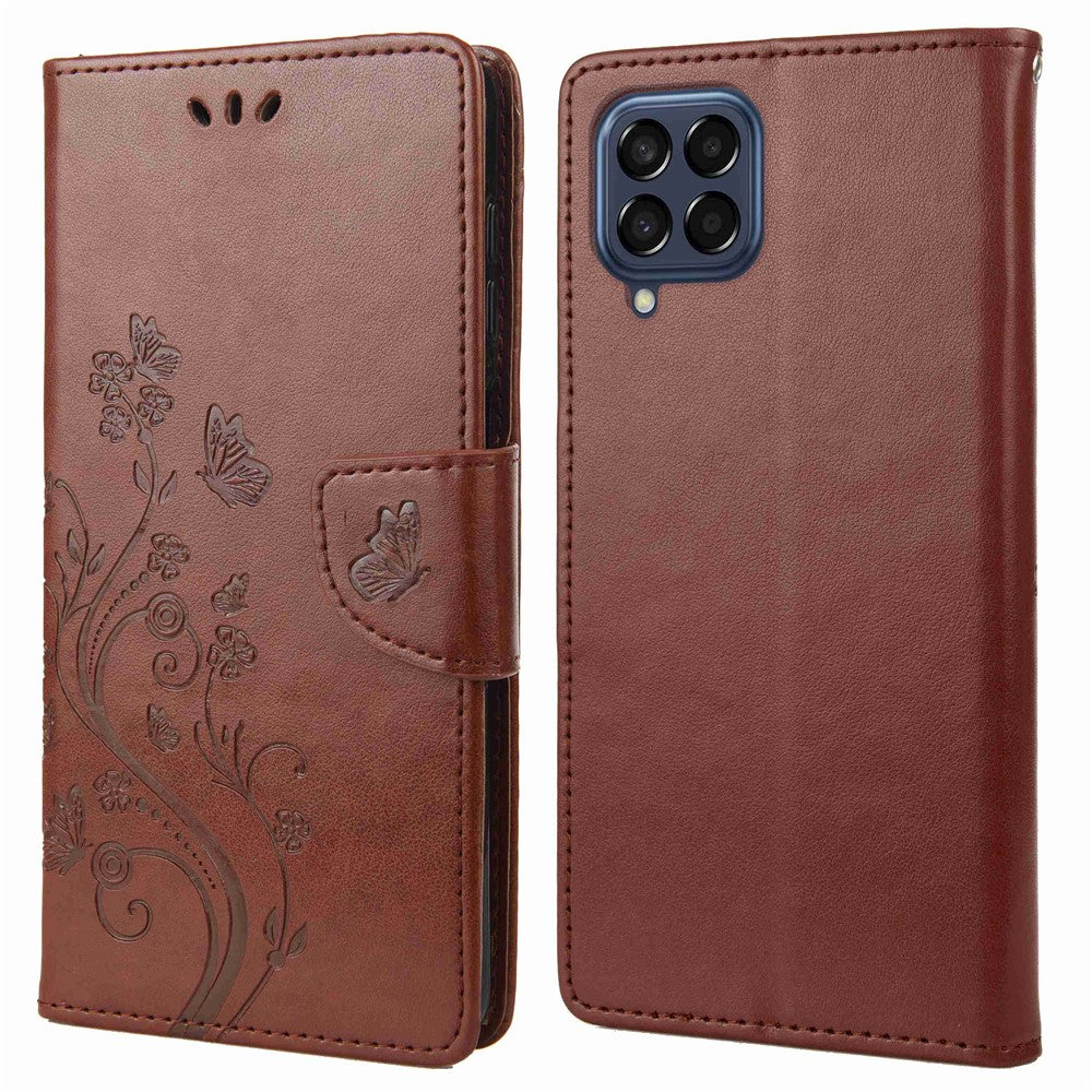 For Samsung Galaxy M53 5G Imprinted Butterflies Flowers PU Leather Flip Case Wallet Style Stand Shockproof Protective Cover with Strap