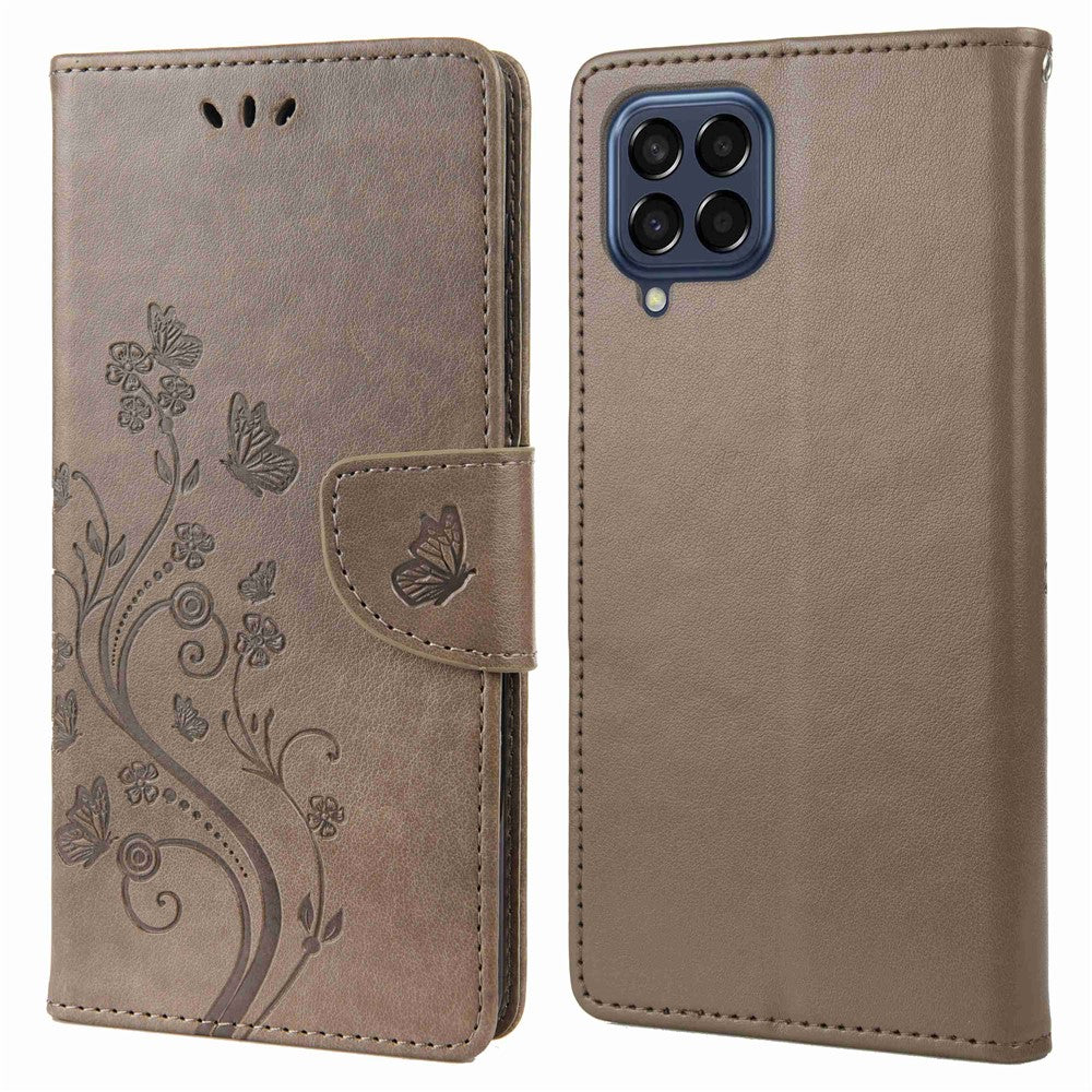 For Samsung Galaxy M53 5G Imprinted Butterflies Flowers PU Leather Flip Case Wallet Style Stand Shockproof Protective Cover with Strap