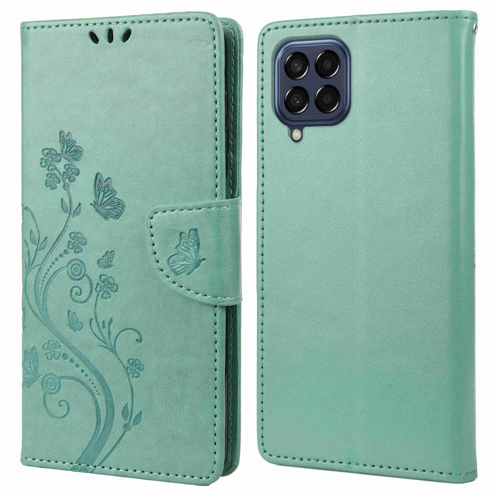 For Samsung Galaxy M53 5G Imprinted Butterflies Flowers PU Leather Flip Case Wallet Style Stand Shockproof Protective Cover with Strap