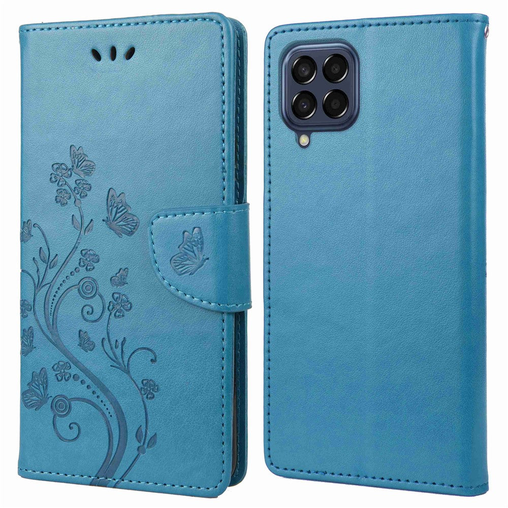For Samsung Galaxy M53 5G Imprinted Butterflies Flowers PU Leather Flip Case Wallet Style Stand Shockproof Protective Cover with Strap