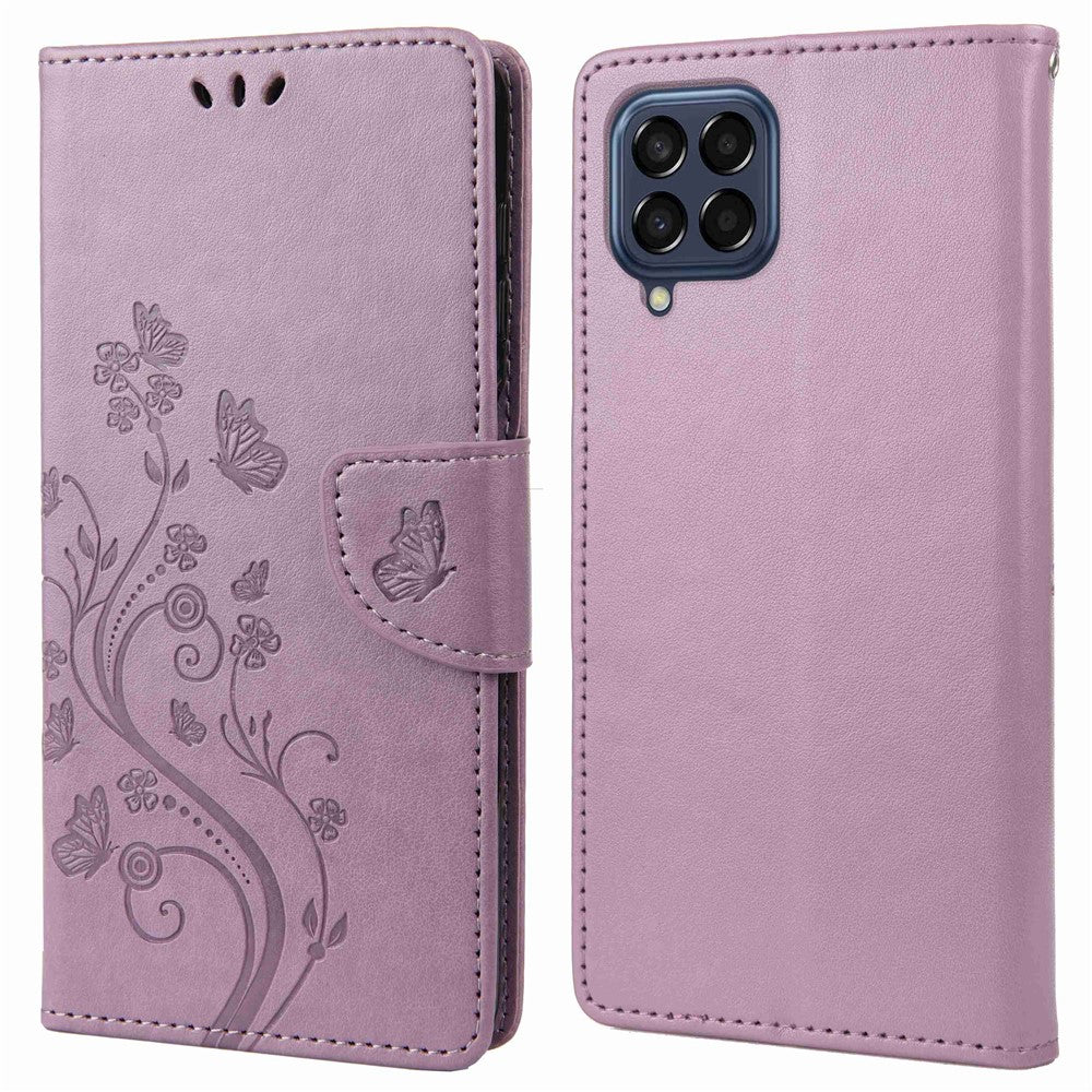 For Samsung Galaxy M53 5G Imprinted Butterflies Flowers PU Leather Flip Case Wallet Style Stand Shockproof Protective Cover with Strap