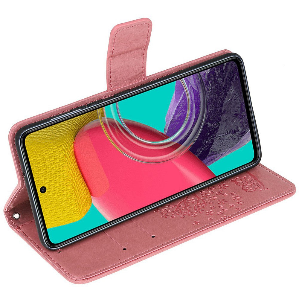 Til Samsung Galaxy M53 5G Stand PU-læderetui med præget ugletræsmønster og pung med rem