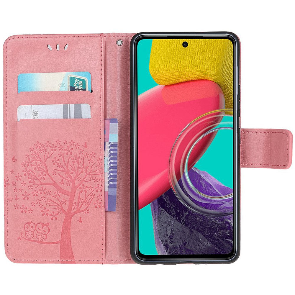 Til Samsung Galaxy M53 5G Stand PU-læderetui med præget ugletræsmønster og pung med rem