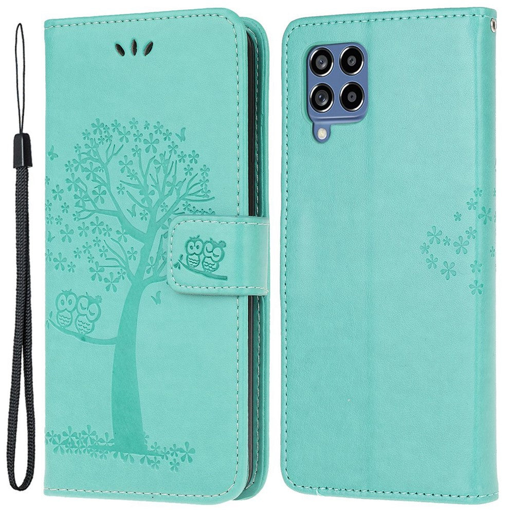 Til Samsung Galaxy M53 5G Stand PU-læderetui med præget ugletræsmønster og pung med rem