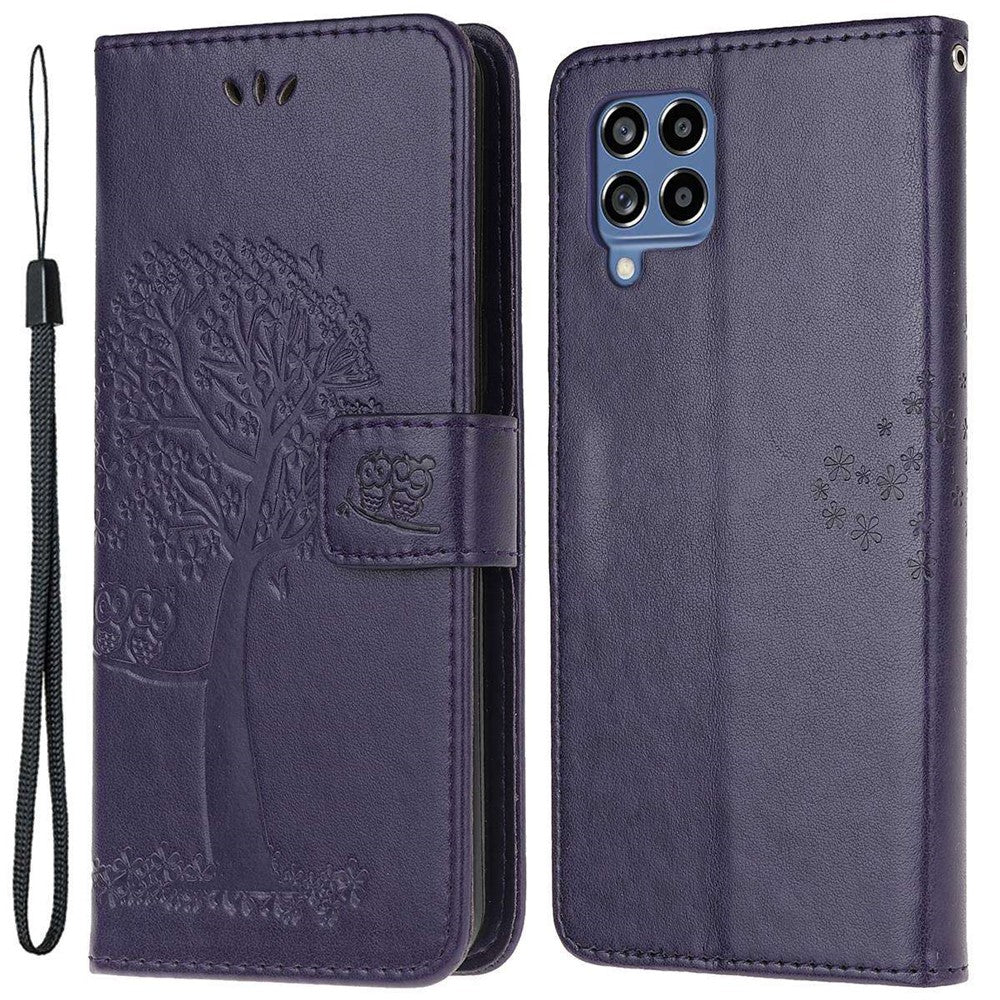 Til Samsung Galaxy M53 5G Stand PU-læderetui med præget ugletræsmønster og pung med rem