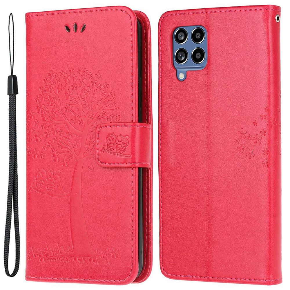 Til Samsung Galaxy M53 5G Stand PU-læderetui med præget ugletræsmønster og pung med rem