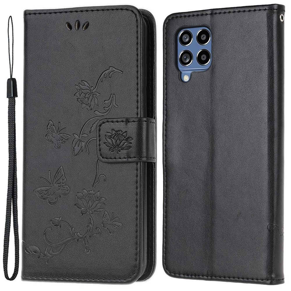 Mobilskal till Samsung Galaxy M53 5G med präglat fjärils- och blommönster, magnetiskt spänne, plånboksfodral i PU-läder