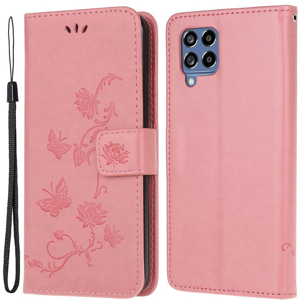 Mobilskal till Samsung Galaxy M53 5G med präglat fjärils- och blommönster, magnetiskt spänne, plånboksfodral i PU-läder