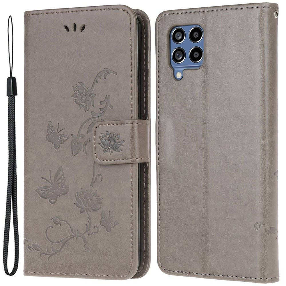 Mobilskal till Samsung Galaxy M53 5G med präglat fjärils- och blommönster, magnetiskt spänne, plånboksfodral i PU-läder