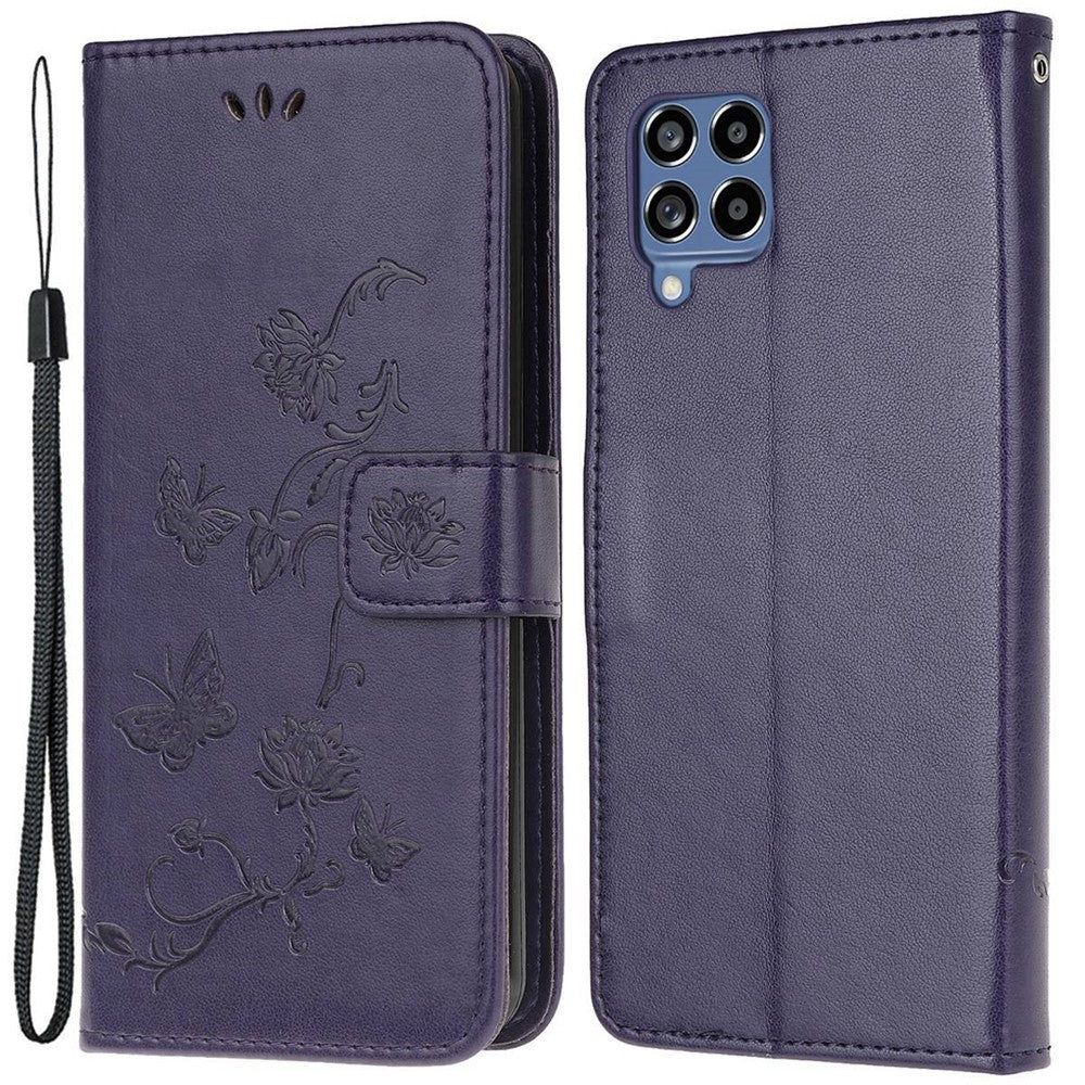 Mobilskal till Samsung Galaxy M53 5G med präglat fjärils- och blommönster, magnetiskt spänne, plånboksfodral i PU-läder