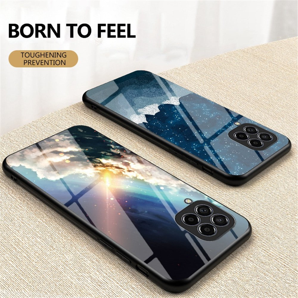 Til Samsung Galaxy M33 5G (Global version) Slankt letvægts stødsikkert bagcover af hærdet glas med stjernemønsterdesign, hård PC TPU skal