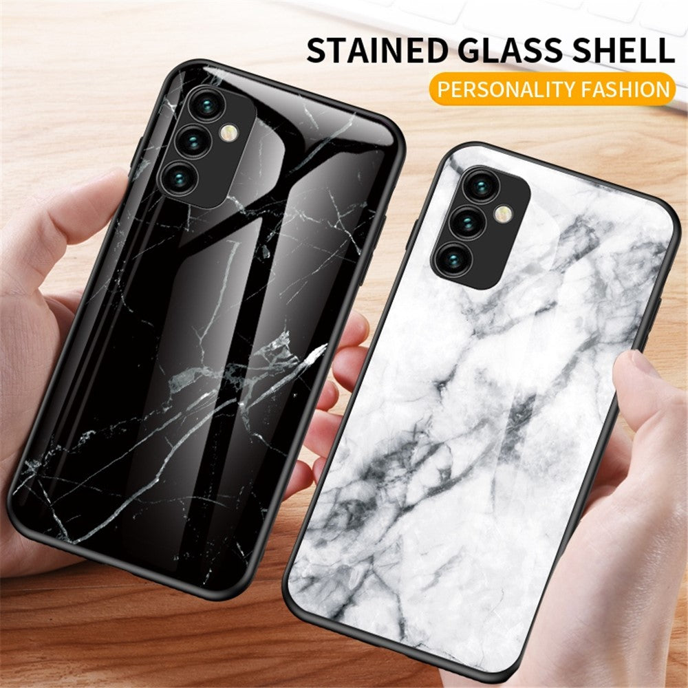 Til Samsung Galaxy M23 5G/F23 5G Marmormønster Hærdet Glas + PC + TPU Stilfuldt Ridsefast Smartphone Cover