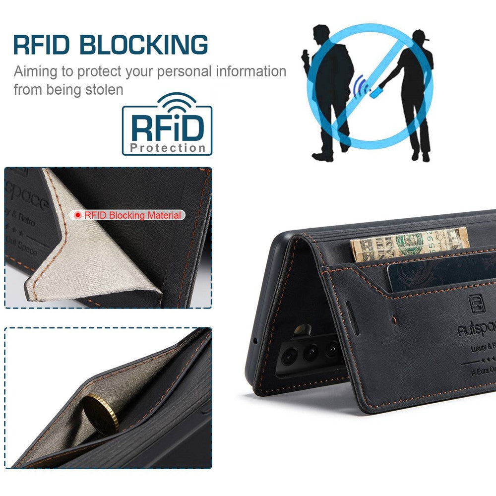 AUTSPACE A01-serien til Samsung Galaxy S22+ 5G PU-lædercover RFID-blokerende pung-flipcover med støttefod