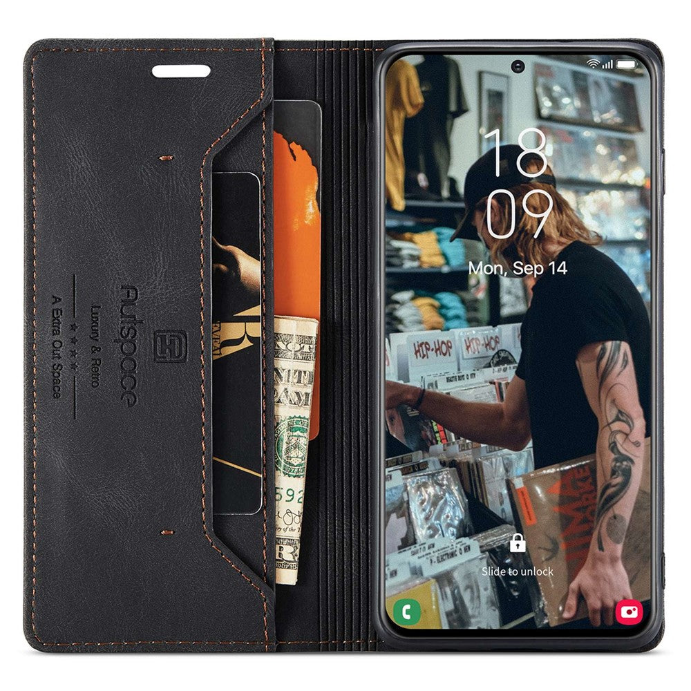 AUTSPACE A01-serien til Samsung Galaxy S22+ 5G PU-lædercover RFID-blokerende pung-flipcover med støttefod