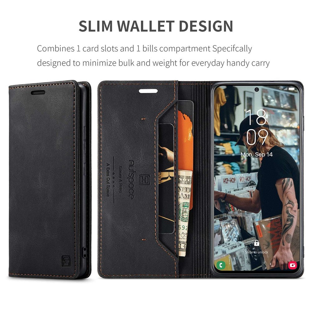 AUTSPACE A01-serien til Samsung Galaxy S22+ 5G PU-lædercover RFID-blokerende pung-flipcover med støttefod