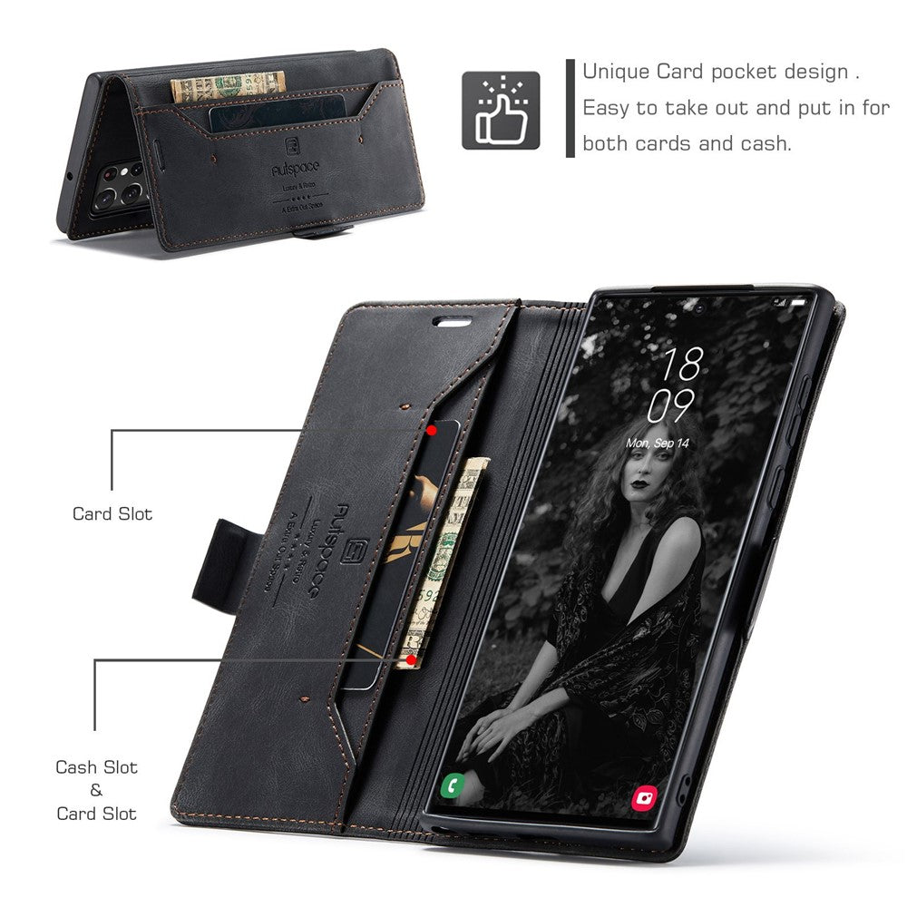 AUTSPACE A01 Series for Samsung Galaxy S22 Ultra 5G PU Leather Case RFID Blocking Wallet Flip Stand Cover