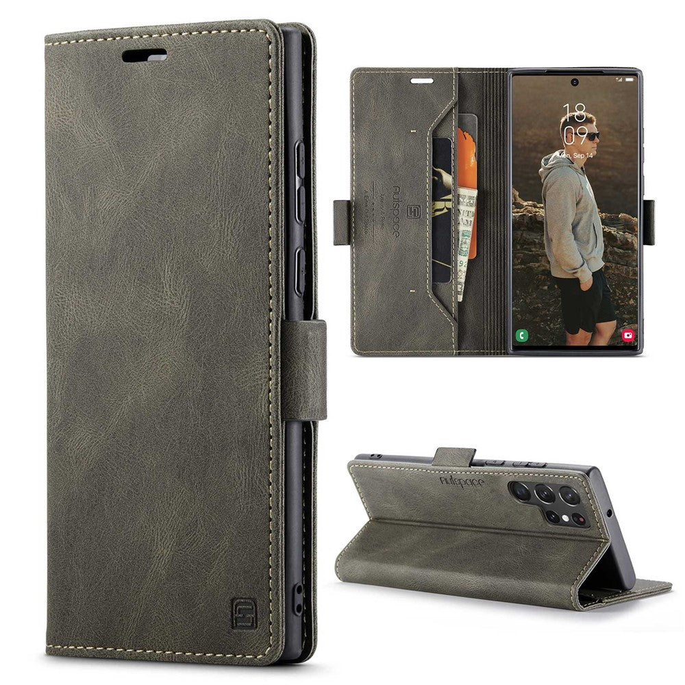 AUTSPACE A01 Series for Samsung Galaxy S22 Ultra 5G PU Leather Case RFID Blocking Wallet Flip Stand Cover