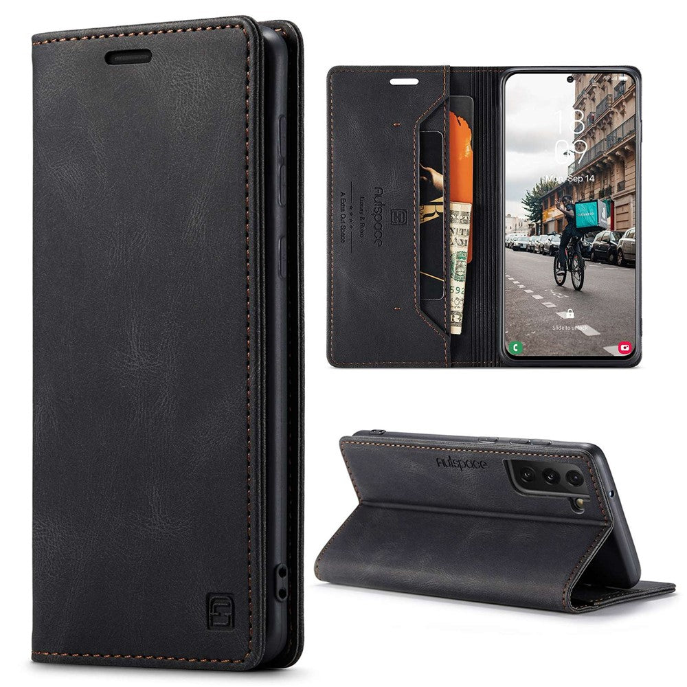 AUTSPACE A01-serien til Samsung Galaxy S21 FE 5G PU-lædercover RFID-blokerende pung-flip-ståcover