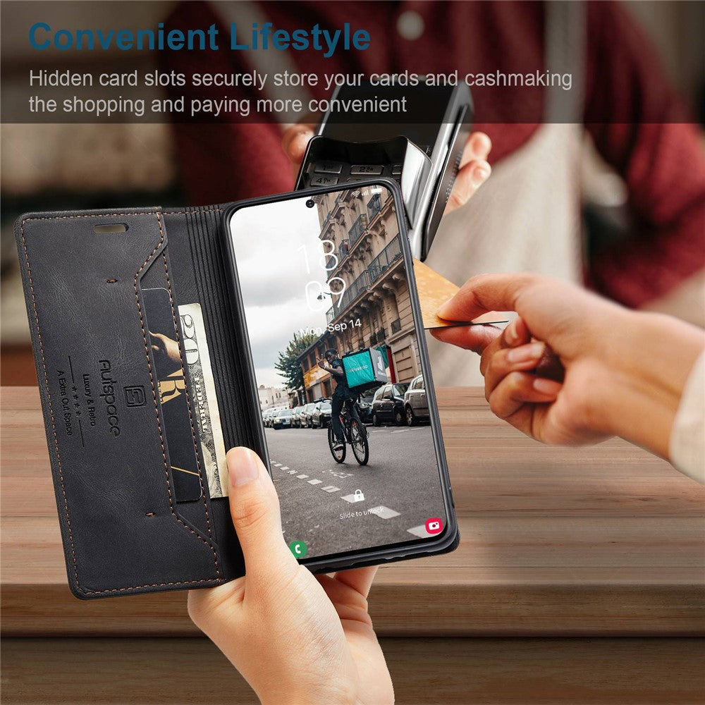 AUTSPACE A01-serien til Samsung Galaxy S21 FE 5G PU-lædercover RFID-blokerende pung-flip-ståcover