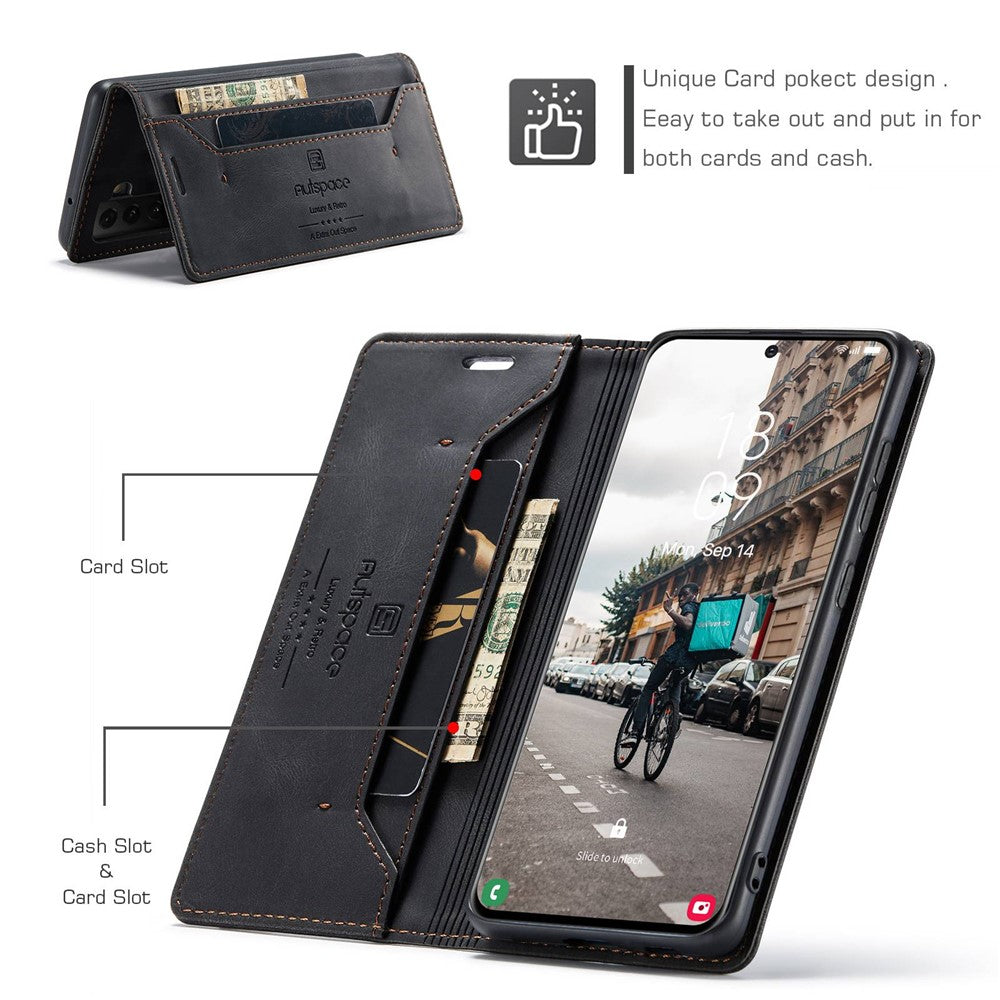 AUTSPACE A01-serien til Samsung Galaxy S21 FE 5G PU-lædercover RFID-blokerende pung-flip-ståcover
