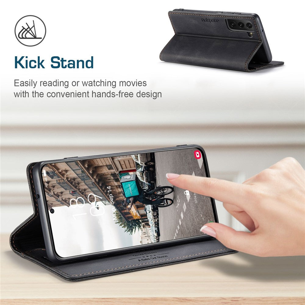 AUTSPACE A01-serien til Samsung Galaxy S21 FE 5G PU-lædercover RFID-blokerende pung-flip-ståcover
