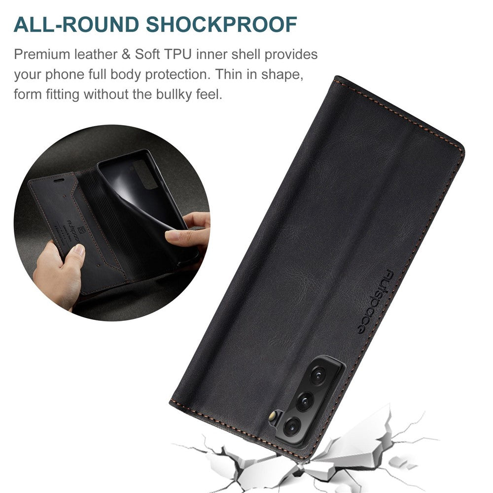 AUTSPACE A01-serien til Samsung Galaxy S21 FE 5G PU-lædercover RFID-blokerende pung-flip-ståcover