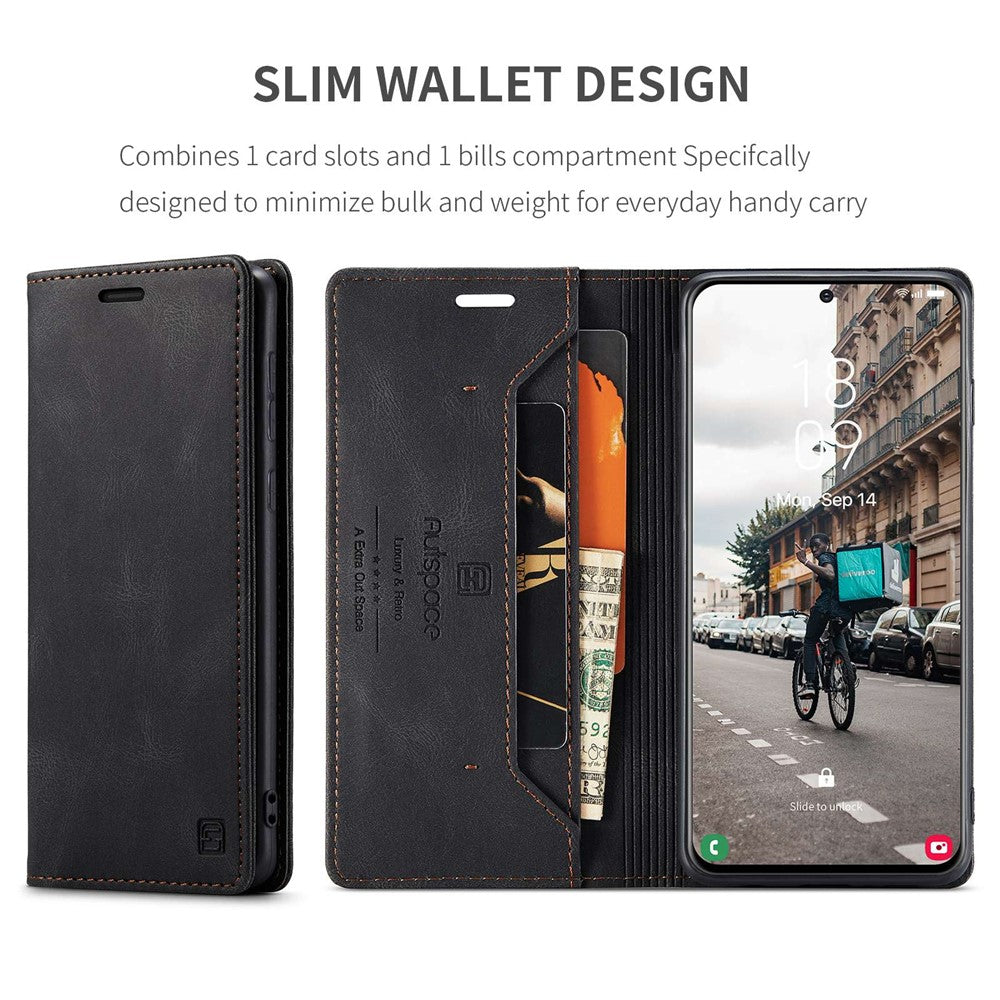 AUTSPACE A01-serien til Samsung Galaxy S21 FE 5G PU-lædercover RFID-blokerende pung-flip-ståcover