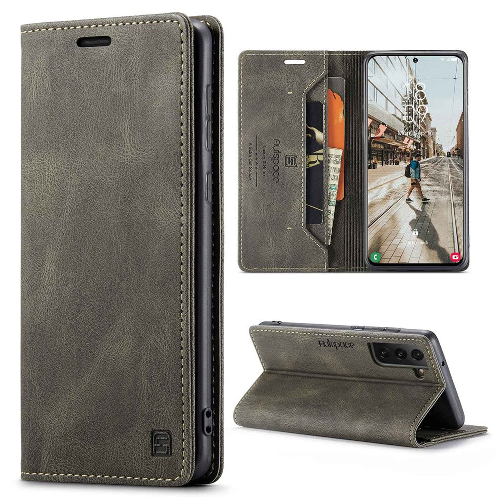 AUTSPACE A01-serien til Samsung Galaxy S21 FE 5G PU-lædercover RFID-blokerende pung-flip-ståcover